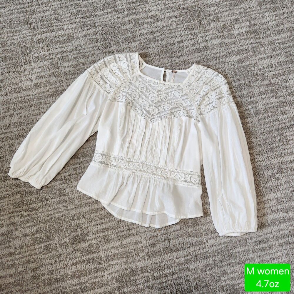 Free People women Sweet Mornings bohemian style 3/4 sleeve lace white top size M